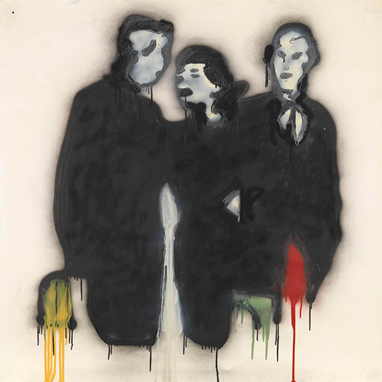 "3 Figures (Wall Street Week)" by Donald Baechler, 1980. The painting is graphite, spray enamel and oil-based enamel on paper, 42 x 42 inches. 