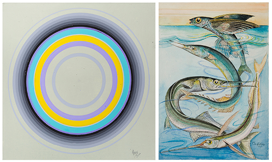 Left: "Cercles concentriques" by Antonio Asis, 2011. Gouache on paperboard. Right: "Petit Atlas des Poissons, Vol I, Plate IX, PERESOCES, Poisson volant, Balaou, Orphie, & Demi-bec" by Charles Yver, 1941. Watercolor on paper.
