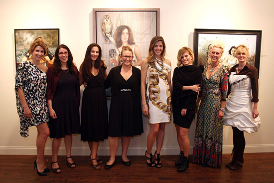 Rebekah Bynum, Stephanie Deshpande, Sylvia Nitti, Candice Chovanec, Shana Levenson, Cindy Rizza, Rebecca Tait, Rae Whelan standing in front of artwork by Odile Richer and Candice Chovanec.