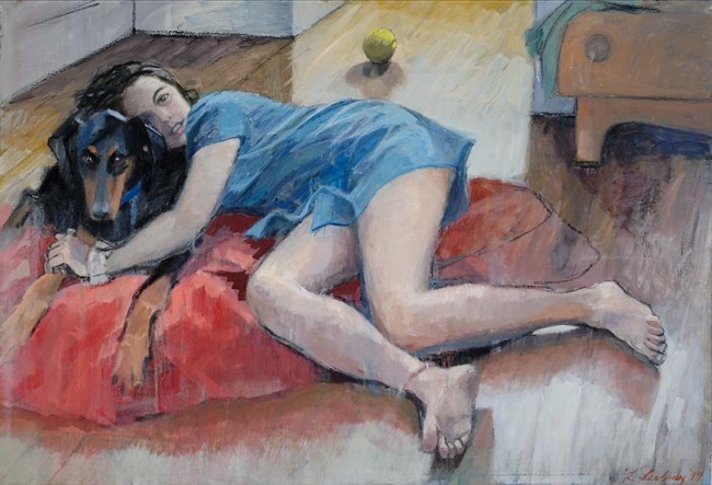 "Best Friends" by Louise Peabody, oil on canvas, 60 x 38 inches