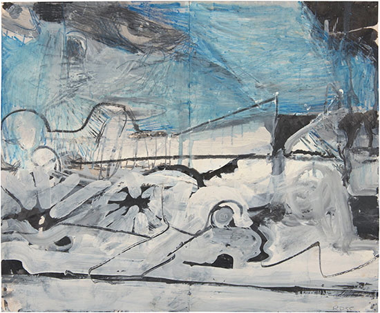 "Untitled" by Richard Diebenkorn, 1955. Gouache, crayon, graphite, and ink on joined paper, 12 1/2 x 15 1/4 inches. Catalogue raisonné no. 1467.