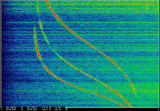 "ANARCHIST: Power Spectrum Display of Doppler Tracks from a Satellite (Intercepted May 27, 2009), 2016." by Laura Poitras (b. 1964). Pigmented inkjet print mounted on aluminum, 45 × 64 3/4 inches. Courtesy the artist.