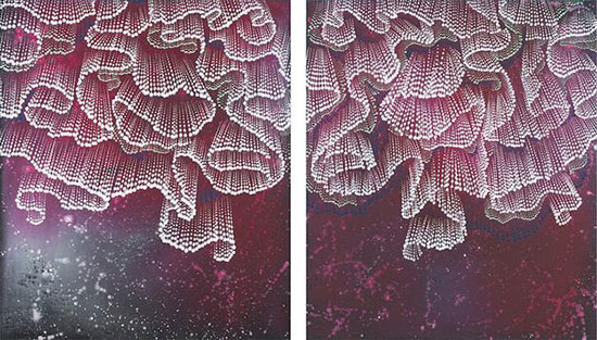 "Folds" by Barbara Takenaga. Acrylic on linen, 42 x 36 inches each. Courtesy DC Moore Gallery.