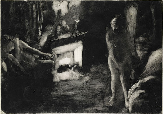"The Fireside (Le Foyer [La Cheminée])" by Edgar Degas, c. 1880-85. Monotype on paper. Plate: 16 3/4 x 23 1/16 inches, sheet: 19 3/4 x 25 1/2 inches. The Metropolitan Museum of Art, New York. Harris Brisbane Dick Fund, The Elisha Whittelsey Collection, The Elisha Whittelsey Fund, and C. Douglas Dillon Gift, 1968.