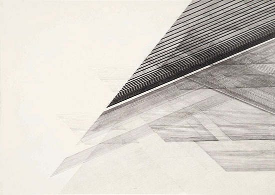 "Untitled" by Nasreen Mohamedi, c. 1975. Ink and graphite on paper, 20 × 28 inches. Sikander and Hydari Collection.