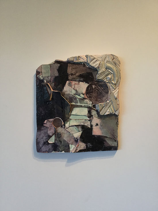 “Black Eye” by Hilary Harnischfeger, 2014. Paper, hydro-stone,pigment, ink, amethyst, mica. Courtesy of the artist and Rachel Uffner Gallery. Installation photo by Peter Malone.