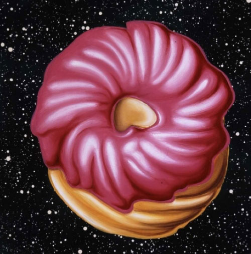 "Pink Frosted Cruller in Outer Space" by Kenny Scharf, 2010. Oil on linen, 24 x 24 inches. Private collection. 