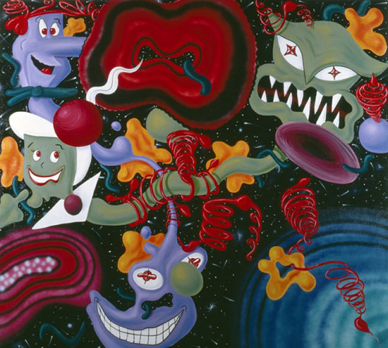 "Plasomospace" by Kenny Scharf, 1982. Oil and spray paint on canvas, 103 x 114 inches. Private collection.
