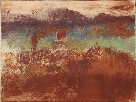 "Autumn Landscape (L’Estérel)," by Edgar Degas, 1890. Monotype in oil on paper. Plate: 11 7/8 x 15 3/4 inches, sheet: 12 1/2 x 16 1/4 inches. Private collection.