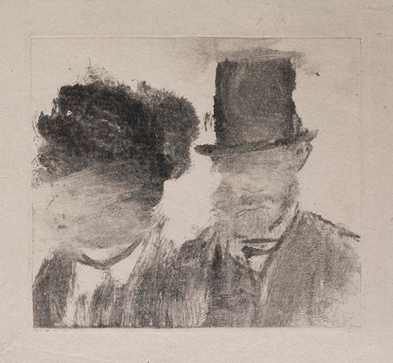 "Heads of a Man and a Woman (Homme et femme, en buste)" by Edgar Degas, c. 1877-80. Monotype on paper. Plate: 2 13/16 x 3 3/16 inches. British Museum, London. Bequeathed by Campbell Dodgson.