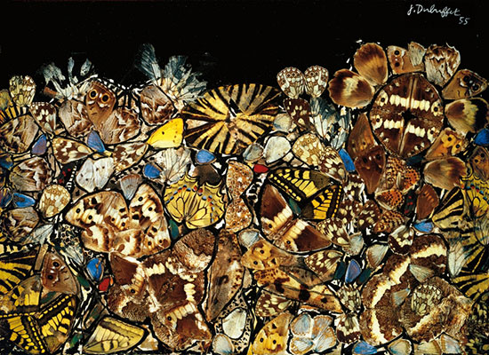 "Jardin mouvementé [Lively Garden]" by Jean Dubuffet, August 1955. Collage with butterfly wings, black ink, and watercolor on board 8 7/8 x 12 3/8 inches. Private Collection, courtesy Pace Gallery. Photo courtesy Pace Gallery / Art © 2016 Artists Rights Society (ARS), New York / ADAGP, Paris.