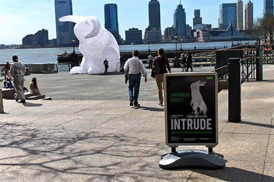 "Intrude" installed at Brookfield Place NY's Waterfront Plaza. Posted on Twitter by istillheartnewyork. 