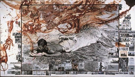 "I'll Write Whenever I Can…" by Peter Beard, 1965/2004. Gelatin silver print with gelatin silver collage, animal blood, and rag, 50 1/4 x 88 1/4 inches. ©Peter Beard, Courtesy of Peter Beard Studio.