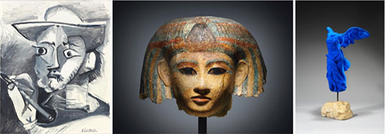 Left to right: "Le peintre au chapeau" by Pablo Picasso, 1965. Courtesy of Hammer Galleries; A Mummy Mask, Egypt, New Kingdom, 18th Dynasty, Amenophis III, 1390-1353 B.C., Courtesy of Cahn International; "La Victoire de Samothrace" by Yves Klein, 1962, Courtesy of David Benrimon Fine Art.