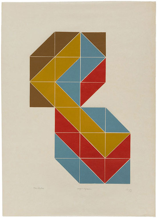 "Two Cubes (Unique Impression)" by Vincent Longo, 1968. Woodcut, 34 1/8 x 24 3/8 inches paper, 36 3/4 x 27 1/4 inches framed. Ed. unique.