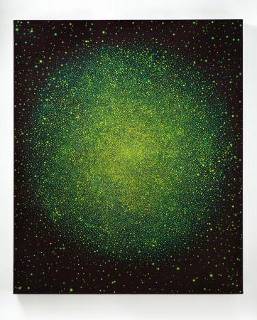 "Untitled (Green and Yellow Sun on Black Red)" by Karen Arm, 2016. Acrylic on canvas, 48 x 40 inches.