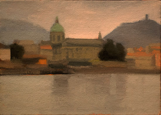 "Como Church, Gray Day" by Diana Horowitz, 2015. Oil on canvas, 5 x 7 inches. Image courtesy of the artist and Lori Bookstein Fine Art, New York. 