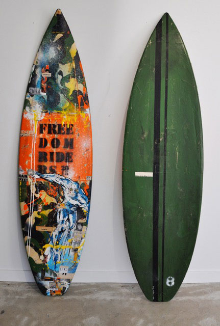 "Freedom Riders" by Greg Miller, 2015. Resined Collage on Reclaimed Surf Board. Photo: Barbara Chan.