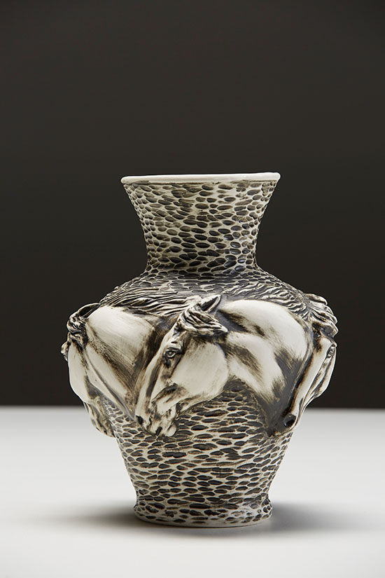 “Running Horse Vase” by Shari McWilliams. Porcelain.