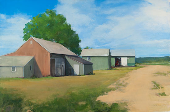 “North Fork Barns” by Aubrey Grainger, 2015. Oil on Canvas. Photo: Gary Mamay.