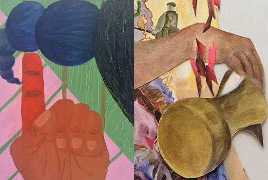 Left: "Goin'Up" (detail) by Alexandria Smith, Right: "In:hospitable" (detail) by Katherine Toukhy.