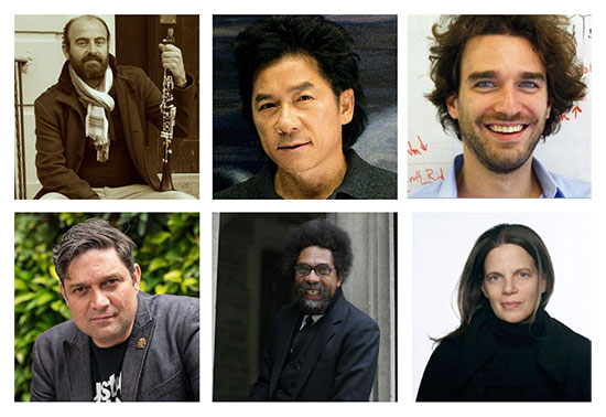 Kinan Azmeh (August 2), BG Muhn (August 4), Carl Schoonover (August 9), Wesley Enoch (August 10), Dr. Cornel West (August 16), and Mary Ellen Carroll (August 18). Courtesy of The Watermill Center.