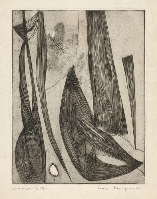 "Ascension Lente" by Louise Bourgeois, 1949. Engraving with scorper and monotype. Museum of Modern Art, NY. © The Easton Foundation / Licensed by VAGA, New York, NY. Courtesy of the Pollock-Krasner House & Study Center.
