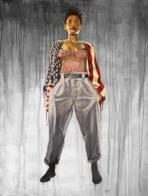 "American Woman" by Donna Bates. Acrylic and oil on linen, 36 × 48 inches. Courtesy RJD Gallery.