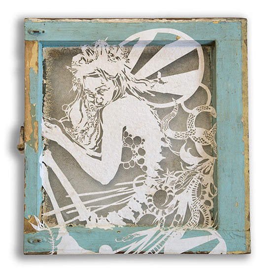 "Miss Rockaway" by Swoon, 2016. Cut paper on found object, 18 x 20 inches. Signed edition Variant 3/20. Courtesy of Roman Fine Art.