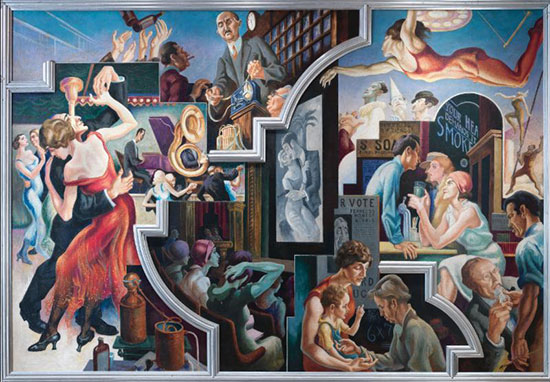 "City Activities with Dancehall from America Today" by Thomas Hart Benton, 1930-31. Mural cycle consisting of ten panels. Egg tempera with oil glazing over Permalba on a gesso ground on linen mounted to wood panels with a honeycomb interior. The Metropolitan Museum of Art, Gift of AXA Equitable, 2012.