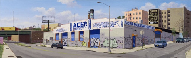 "Acer Warehouse" by Valerie Larko, 2014. Oil on linen, 20 x 64 inches. Courtesy Lyons Wier Gallery.