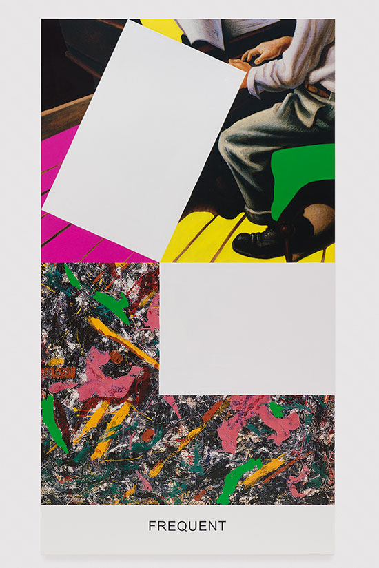 "Pollock/Benton: Frequent" by John Baldessari, 2016. Varnished inkjet print on canvas with acrylic paint, 95 1/2 x 52 1/4 x 1 5/8 inches. Courtesy of Marian Goodman Gallery.