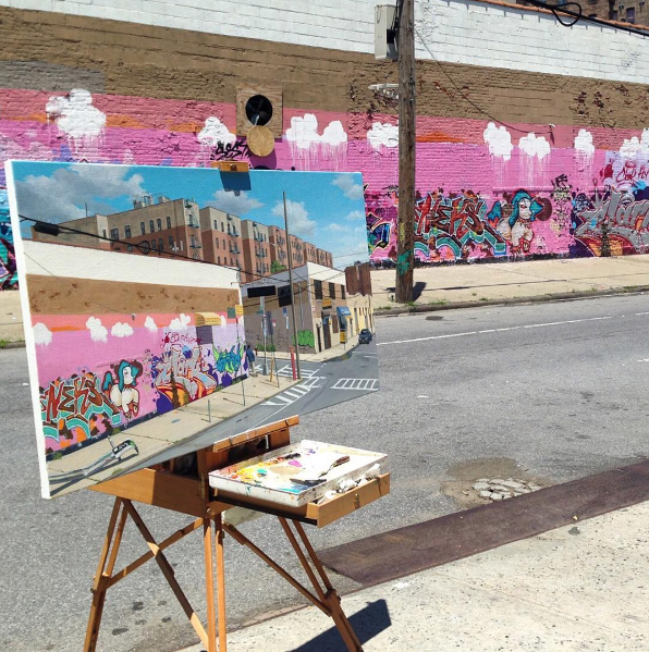 Valeri Larko painting in process, corner of Boone Ave & 173rd St in the Bronx, N.Y. Courtesy Lyons Wier Gallery.