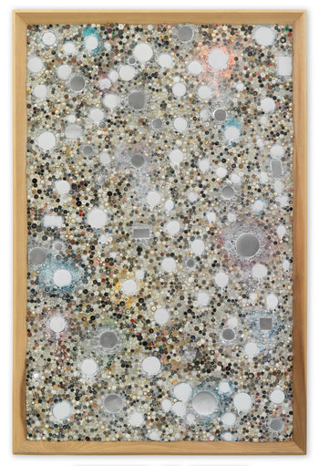"Memory Ware Flat #27" by Mike Kelley, 2001. Mixed media on wood panel, 70 1/8 x 46 1/8 x 3 7/8 inches. Art © Mike Kelley Foundation for the Arts. All Rights Reserved / Licensed by VAGA, New York, NY. Private Collection, Courtesy the Foundation and Hauser & Wirth. Photo: Stefan Altenburger Photography Zürich.