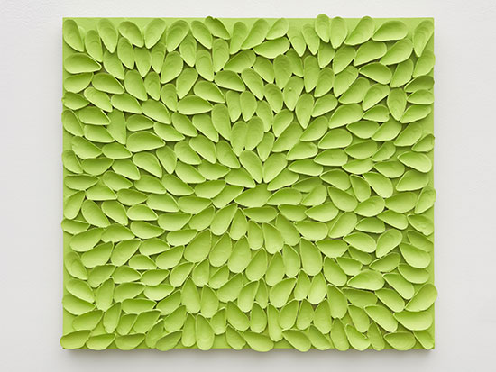 "It didn't turn out the way I expected (Brilliant Yellow Green)" by Tony Feher, 2016. Acrylic and mussel shells on canvas, 19.75 x 22.5 inches. Courtesy of Sikkema Jenkins & Co., New York.