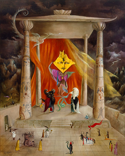 “Temple of the Word” by Leonora Carrington, 1954. Oil and gold leaf on canvas. Exhibiting with Mary-Anne Martin Fine Art, Booth D2. Image courtesy of Mary-Anne Martin Fine Art.