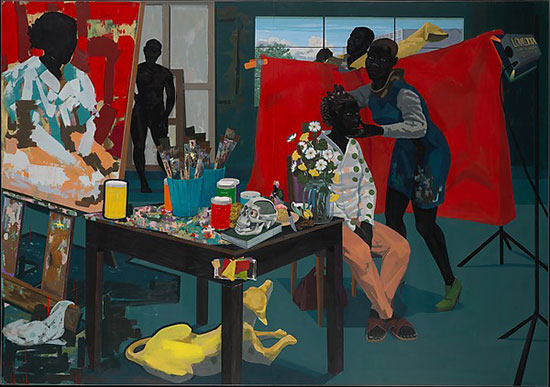 "Untitled (Studio)" by Kerry James Marshall, 2014. Acrylic on PVC panels, 83 5/16 x 119 1/4 inches. Purchase, The Jacques and Natasha Gelman Foundation Gift, Acquisitions Fund and The Metropolitan Museum of Art Multicultural Audience Development Initiative Gift, 2015. © Kerry James Marshall. Courtesy of the Met Breuer.