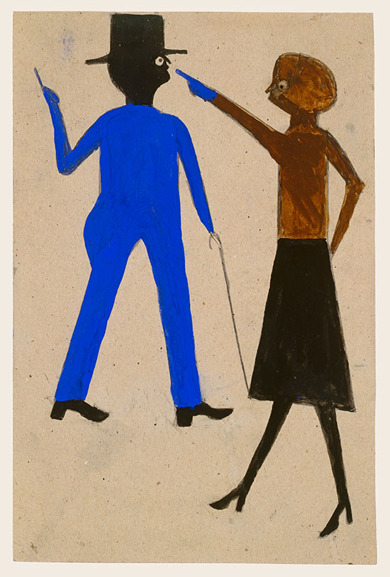 "Woman Pointing at Man With Cane" by Bill Traylor, 1939 - 1942. Poster paint and pencil on cardboard, 17 1/8 x 11 1/8 inches. The William Louis-Dreyfus Foundation Inc.