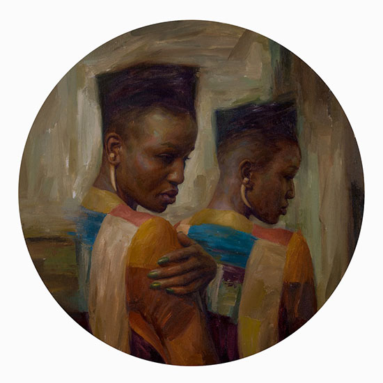 “Doppelgänger” by Irvin Rodriguez, 2016. Oil on linen, 20 inches in Diameter. Courtesy of Grenning Gallery.