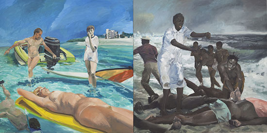 "A Visit To / A Visit From / The Island" by Eric Fischl, 1983. Oil on canvas, 84 × 168 inches. Whitney Museum of American Art, New York; purchase, with funds from the Louis and Bessie Adler Foundation, Inc., Seymour M. Klein, President 83.17a b.