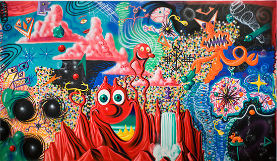 "When the Worlds Collide" by Kenny Scharf, 1984. Oil and acrylic spray paint on canvas, 122 5/16 × 209 5/16 inches. Whitney Museum of American Art, New York; purchase, with funds from Edward R. Downe, Jr. and Eric Fischl, 84.44. © 2016 Kenny Scharf/Artists Rights Society (ARS), New York.