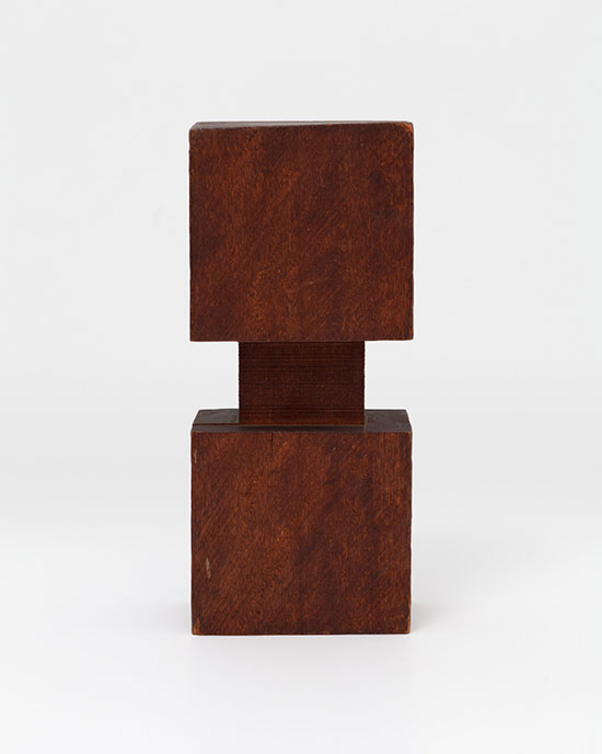 "Maple Spindle Exercise" by Carl Andre, Quincy, Massachusetts 1959. 1 saw-carved maple block, 9 1/16 x 4 x 2 5/8 inches. © 2017 Carl Andre / Licensed by VAGA, New York, NY. Courtesy Paula Cooper Gallery, New York. Photo: Steven Probert.