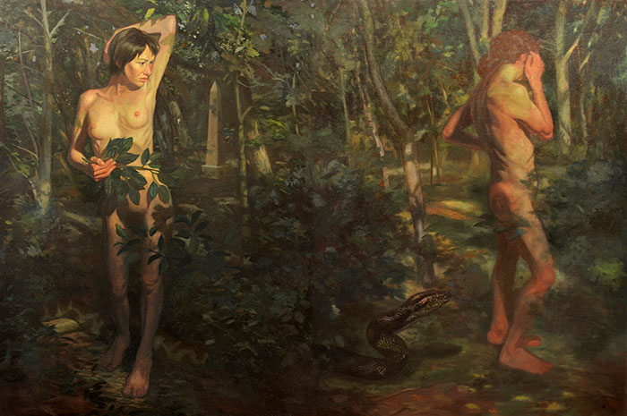 "Adam and Eve in Brooklyn" by James Hoston, 2016. Oil, 40 x 60 inches. Courtesy of Grenning Gallery.