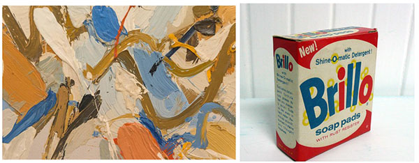 Left: “abstract oil painting” by James V. Harvey, 1957. Right: “Brillo Pad box” by James V. Harvey, circa 1959.