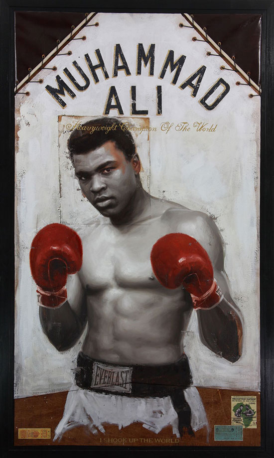 "I Shook Up the World" by Jules Arthur. Oil on canvas, wood, stitched leather, mixed media memorabilia, 64 x 38.5 inches. Courtesy of RJD Gallery.