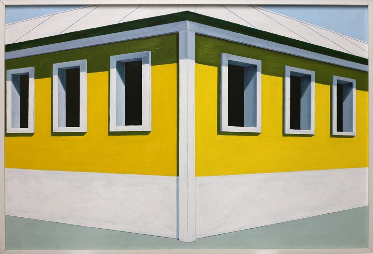"Yellow House" by Emilio Sánchez, 1965. Oil on canvas, 37 1/4 × 55 × 2 1/2 inches. de la Cruz Collection, Miami, FL. Courtesy Lowe Art Museum.