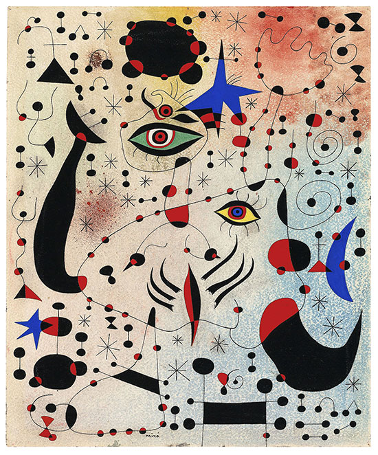 “Chiffres et constellations amoureux d’une femme” (“Cyphers and Constellations in Love with a Woman”) by Joan Miró, June 12, 1941. Gouache and watercolor with traces of graphite on ivory wove paper, 18⅛ x 15 inches. Courtesy Art Institute of Chicago.