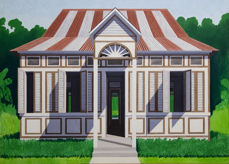 "Untitled (White House with Striped Roof)" by Emilio Sánchez, 1999. Oil on canvas, 50 × 69 inches. Gift of Emilio Sanchez Foundation, Collection of the Patricia &amp; Phillip Frost Art Museum, Florida International University, Miami, FL. Image Courtesy of Lowe Art Museum.