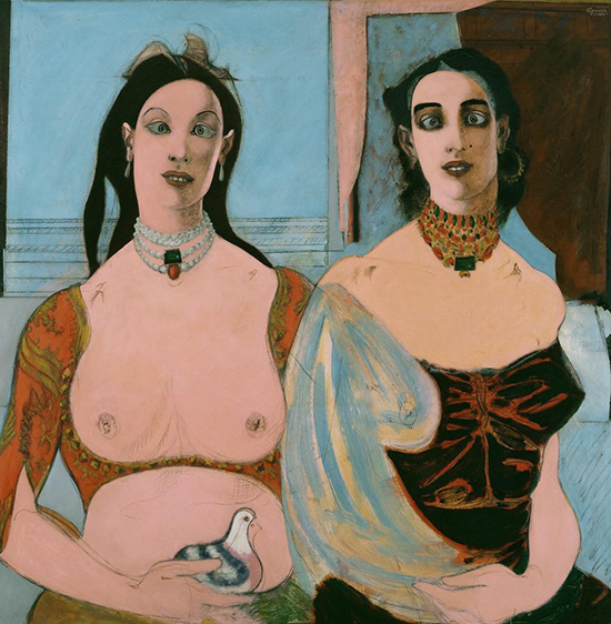 "Two Sisters" by John Graham, 1944. Oil, enamel, pencil, charcoal, and casein on composition board, 47 7/8 x 48 inches.