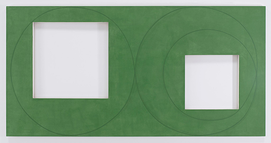 "Two Open Squares Within a Green Area" by Robert Mangold, 2016. Acrylic and black pencil on canvas, 48 x 96 inches. © 2017 Robert Mangold /Artists Rights Society (ARS), New YorkPhotograph by Kerry Ryan McFate, courtesy of Pace Gallery.